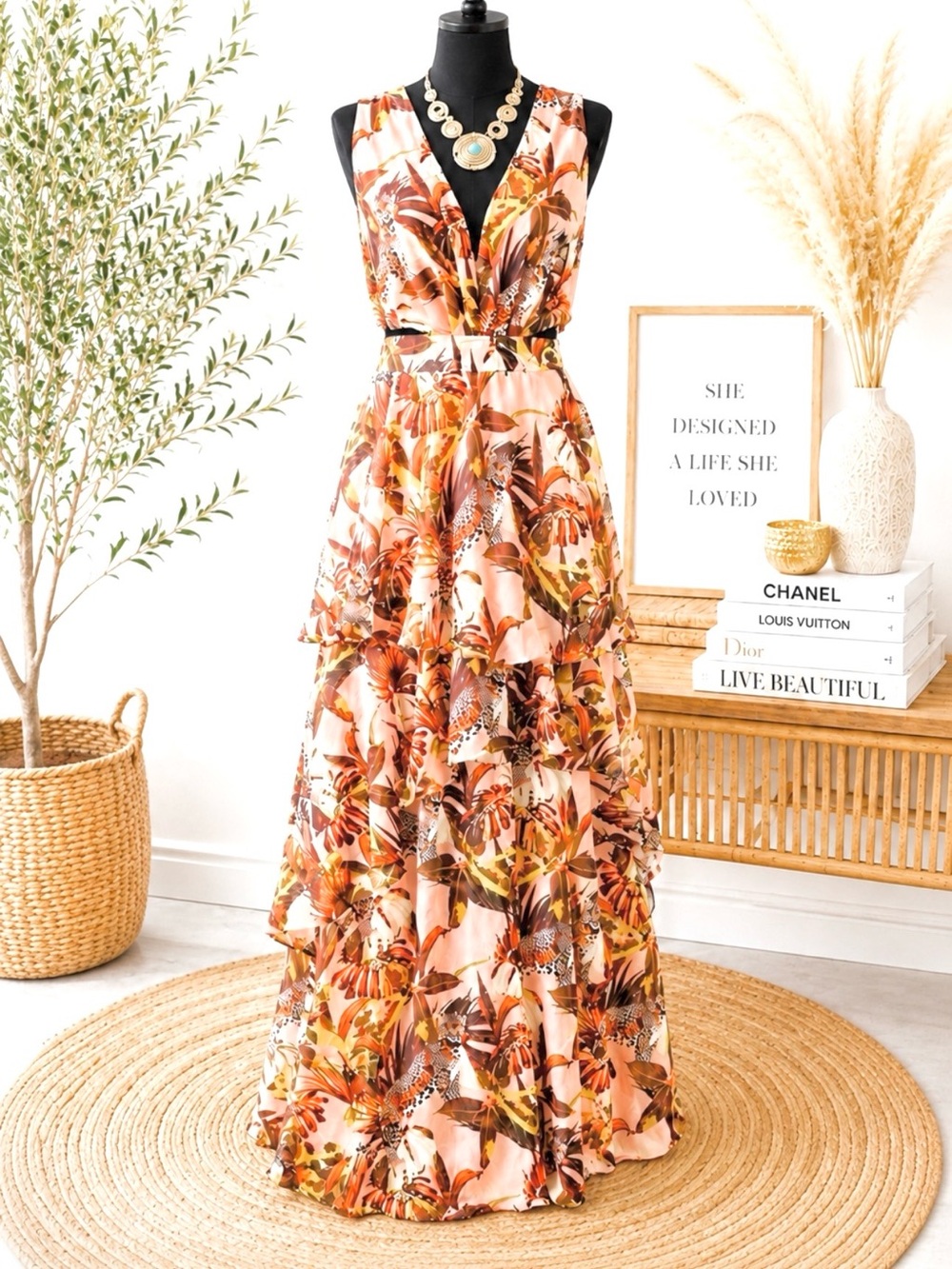 Sleeveless Pink/Orange Tropical Print Tiered Lined  Maxi Dress w/Ruffled Layers